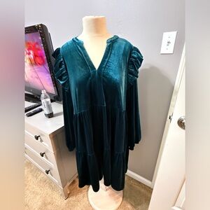 JODIFL Teal Velvet Tunic with Ruffled Sleeves